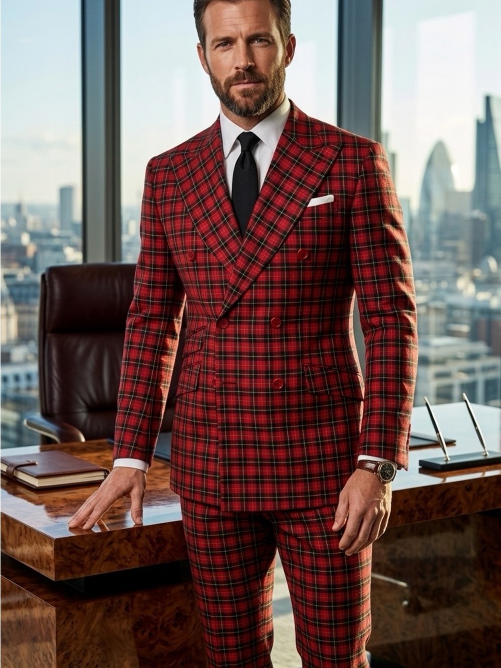 Red Plaid Double-Breasted Suit Jacket & Trousers